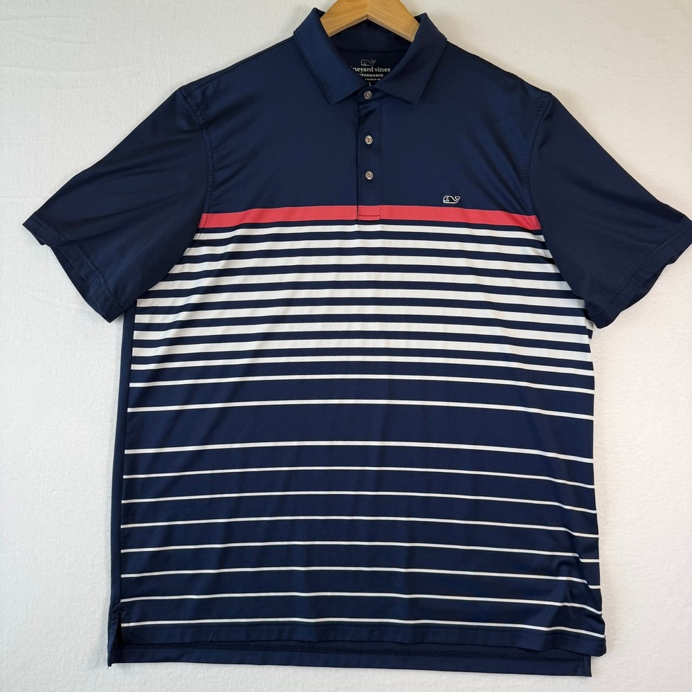 Vineyard Vines Performance Polo Shirt Mens XL Navy Blue Striped Golf Shirt
